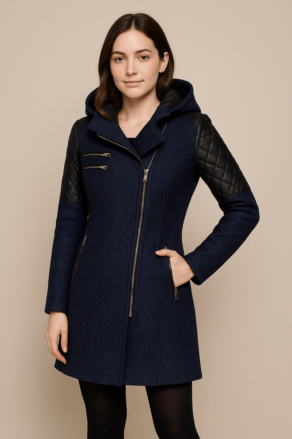 Annabel – Women’s Tailored Jacket with Quilted Sleeves & Asymmetrical Zip Hooded Design