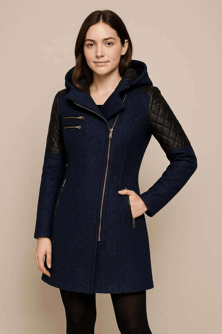 Annabel – Women’s Tailored Jacket with Quilted Sleeves & Asymmetrical Zip Hooded Design