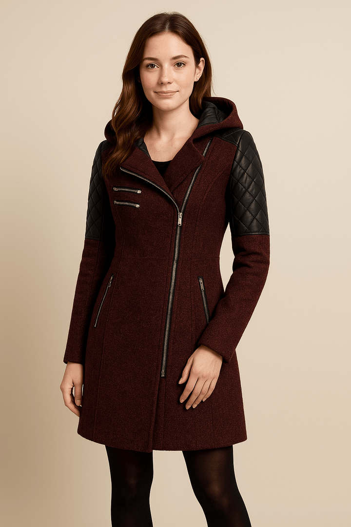 Annabel – Women’s Tailored Jacket with Quilted Sleeves & Asymmetrical Zip Hooded Design