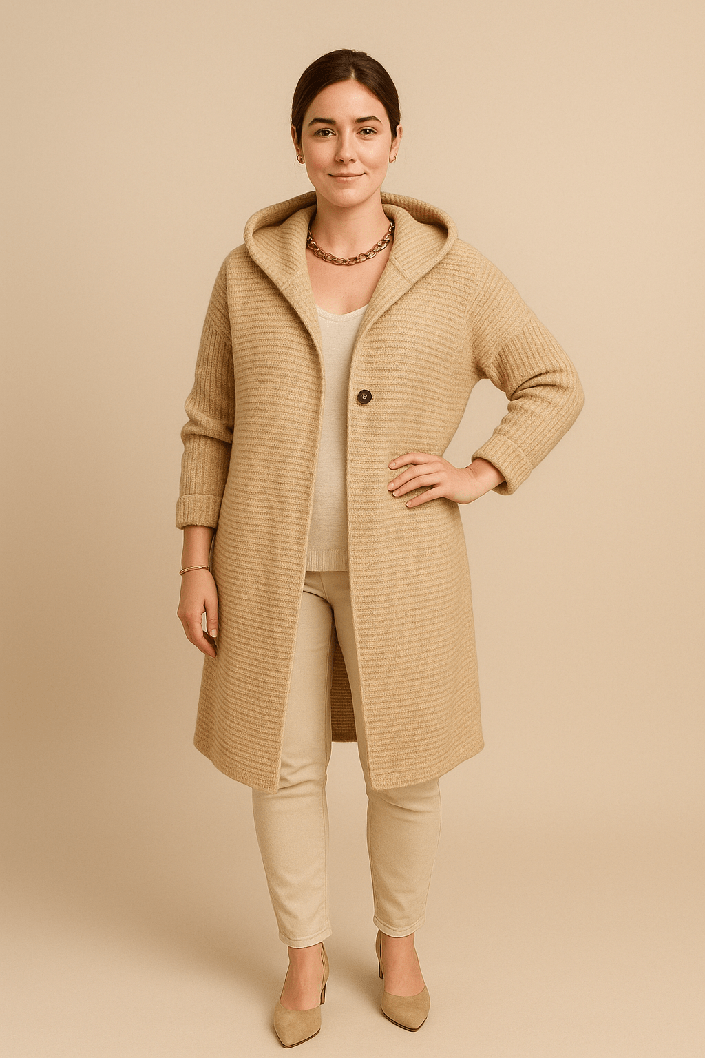 Astrid – Women’s Hooded Longline Ribbed Knit Cardigan with Button Front