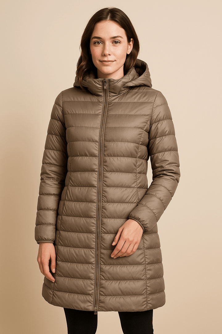 Aubrey – Women’s Fitted Mid-Thigh Quilted Down Jacket with Hood