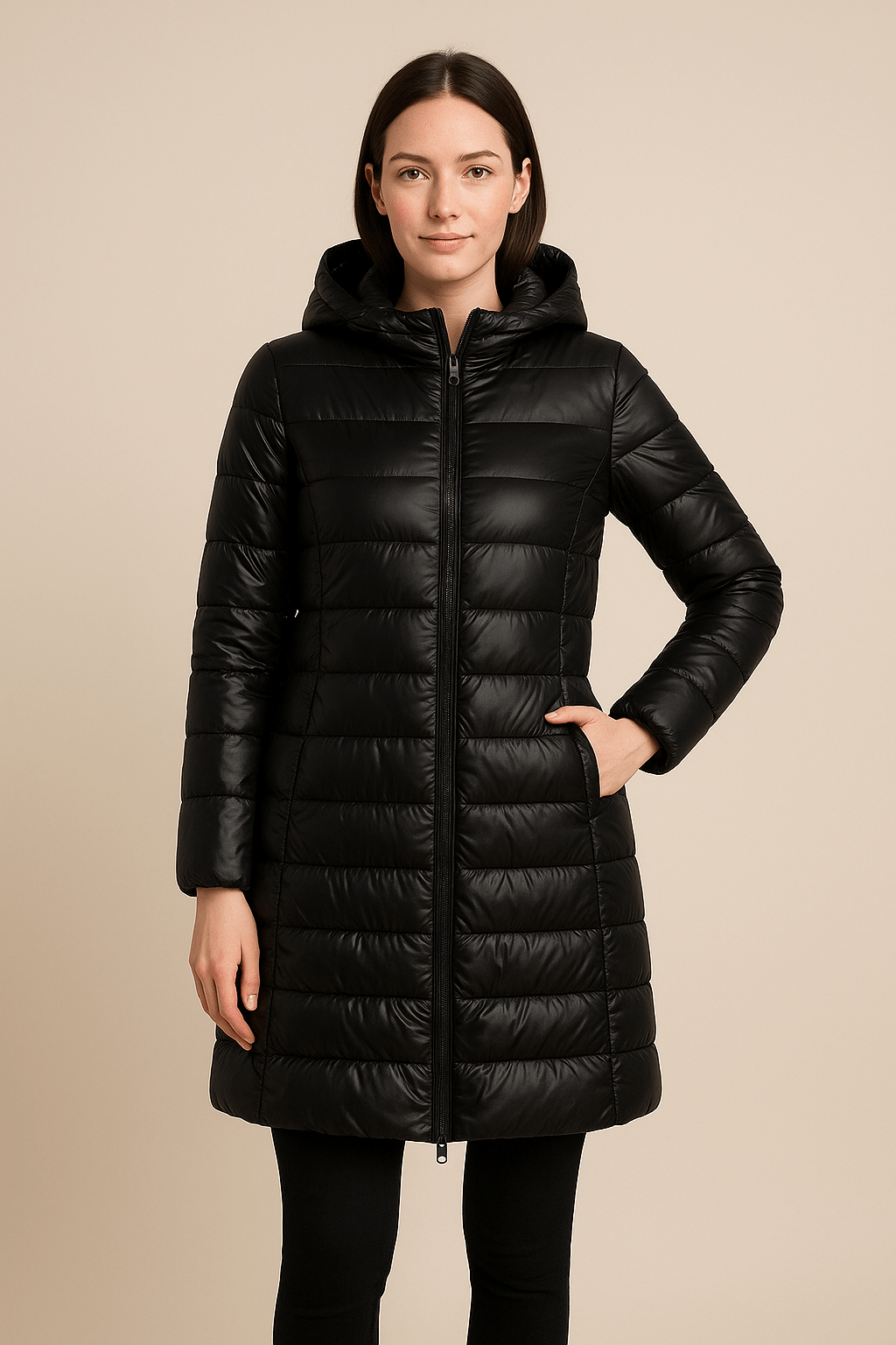 Aubrey – Women’s Fitted Mid-Thigh Quilted Down Jacket with Hood