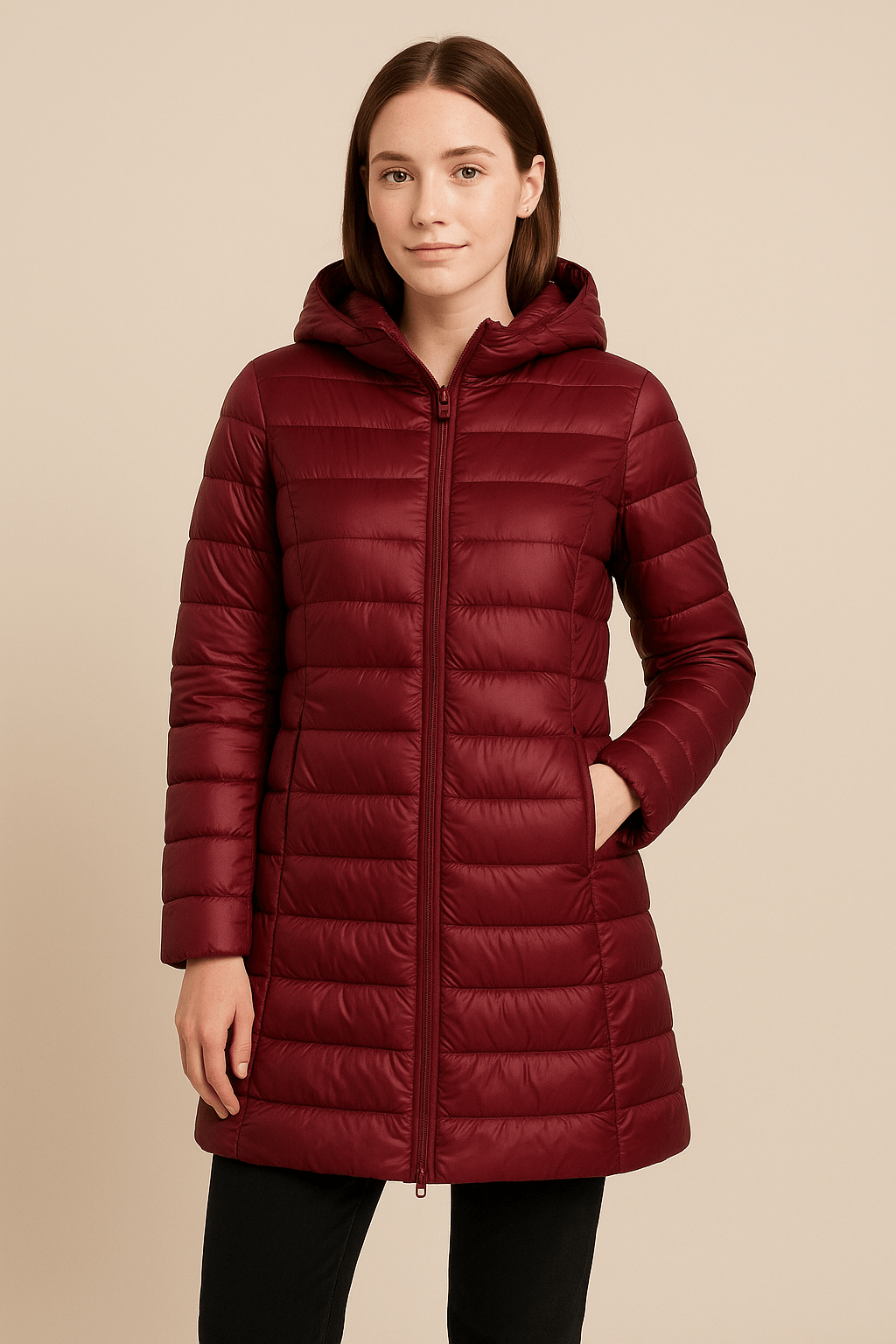 Aubrey – Women’s Fitted Mid-Thigh Quilted Down Jacket with Hood