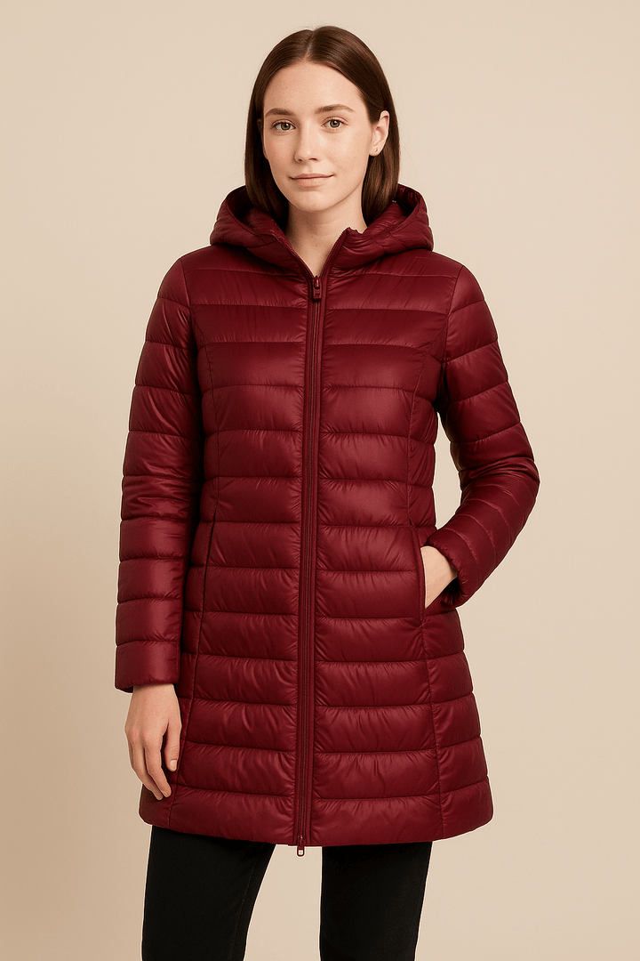 Aubrey – Women’s Fitted Mid-Thigh Quilted Down Jacket with Hood