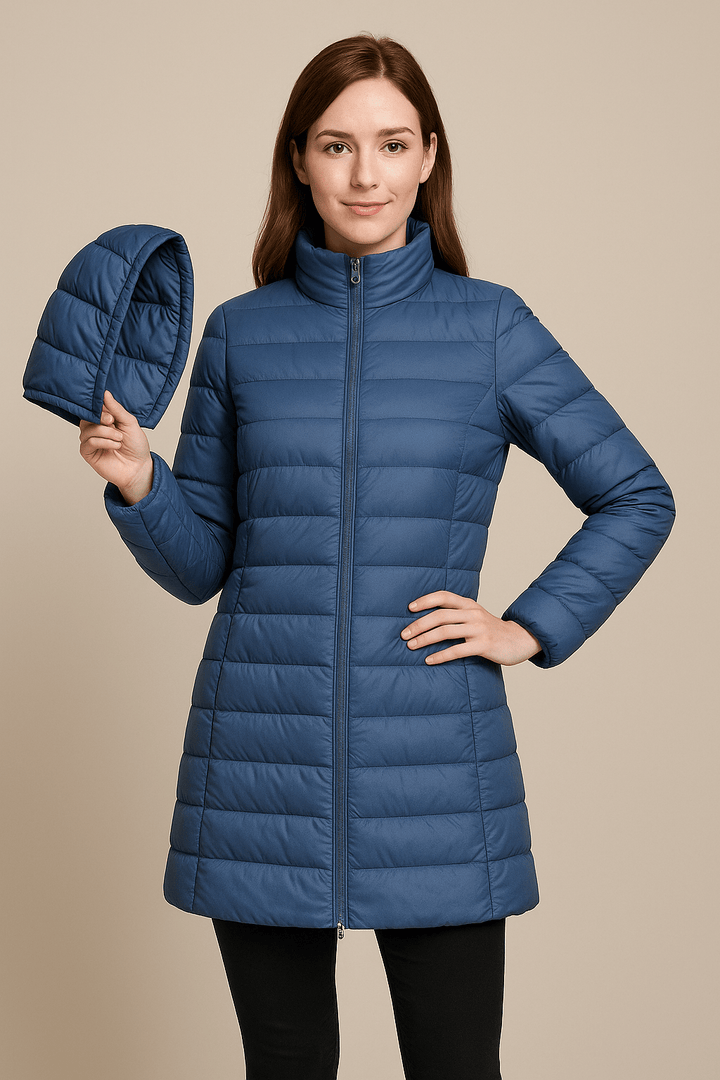 Aubrey – Women’s Fitted Mid-Thigh Quilted Down Jacket with Hood