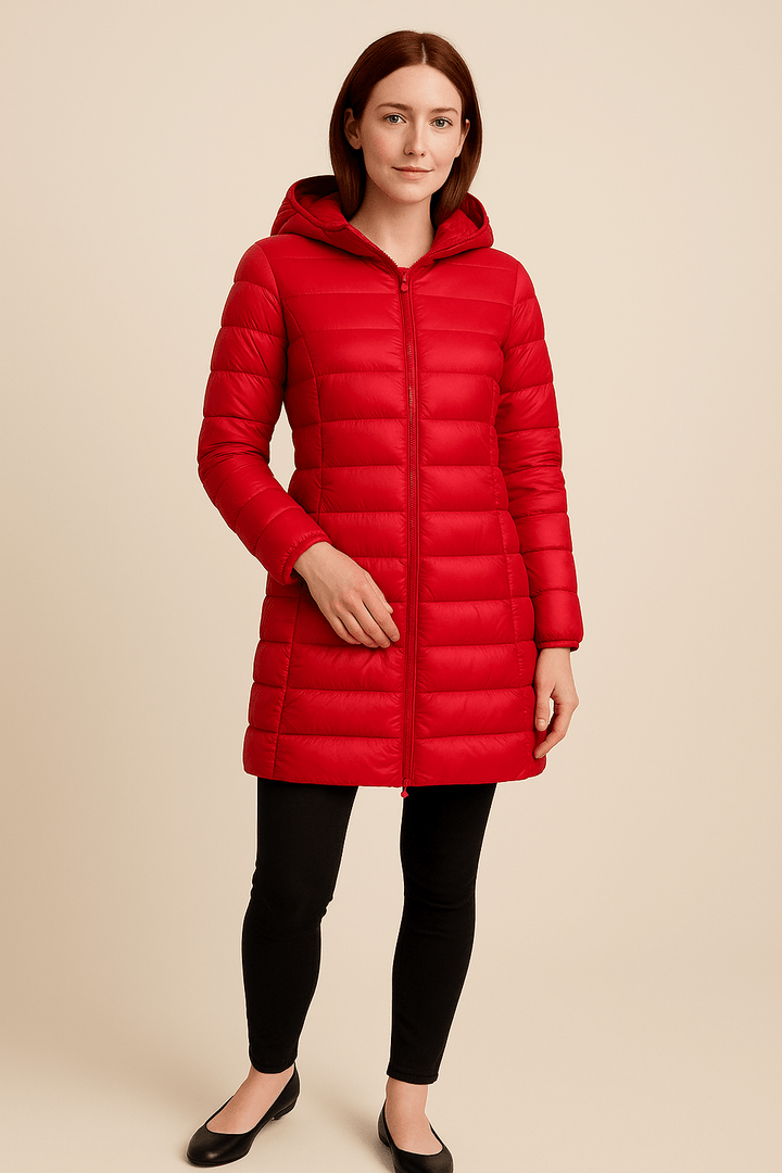 Aubrey – Women’s Fitted Mid-Thigh Quilted Down Jacket with Hood
