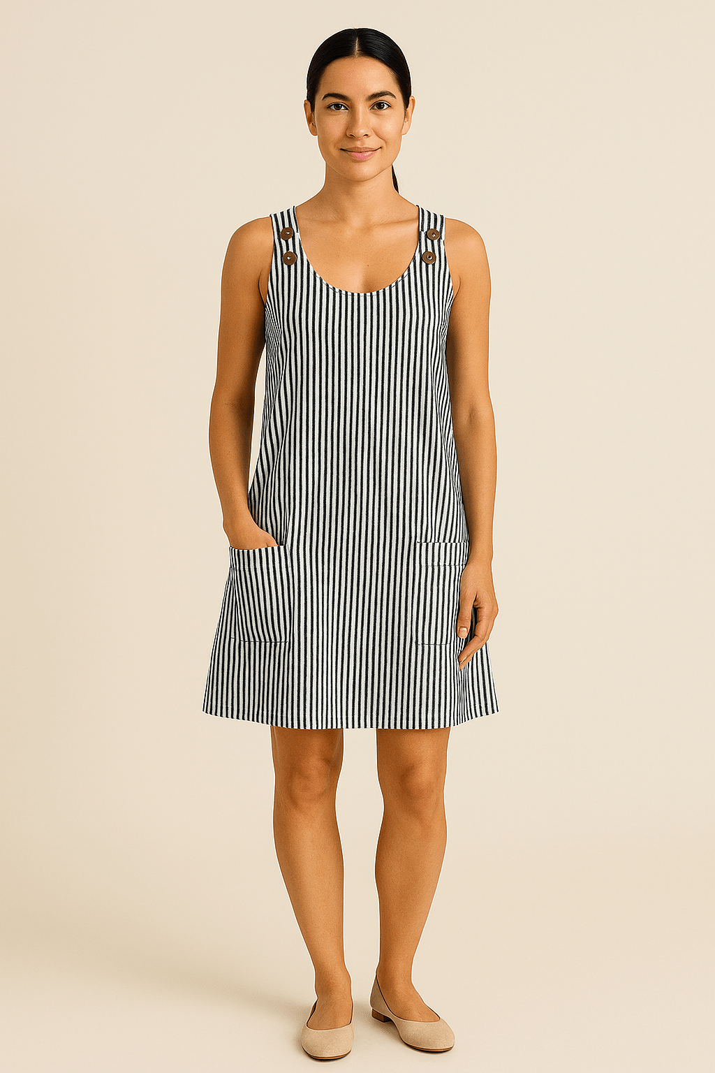 Brianna Sleeveless Cotton Style Summer Dress with Pockets – Nautical Striped Design