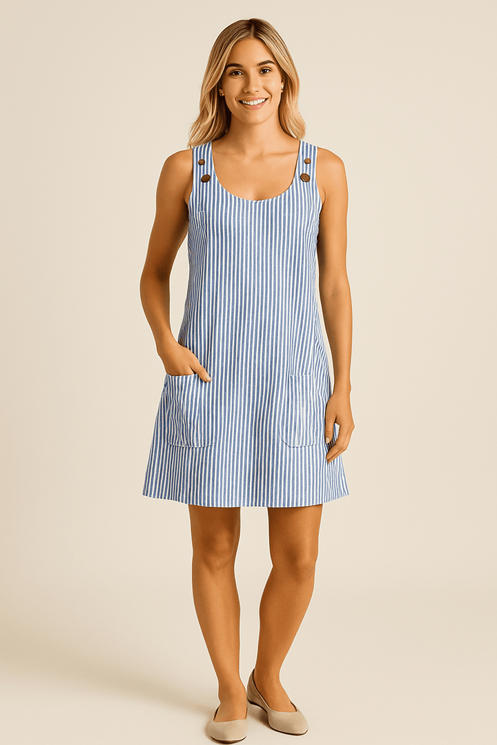 Brianna Sleeveless Cotton Style Summer Dress with Pockets – Nautical Striped Design