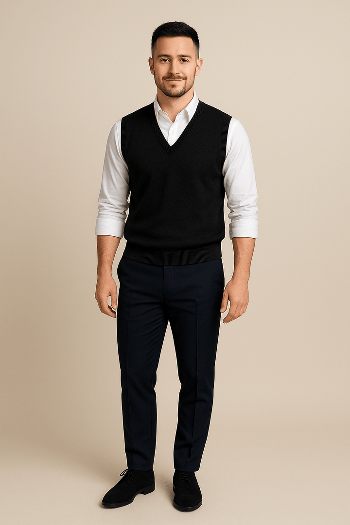 Carl – Men’s Sleeveless V-Neck Fine Knit Sweater with Ribbed Trim