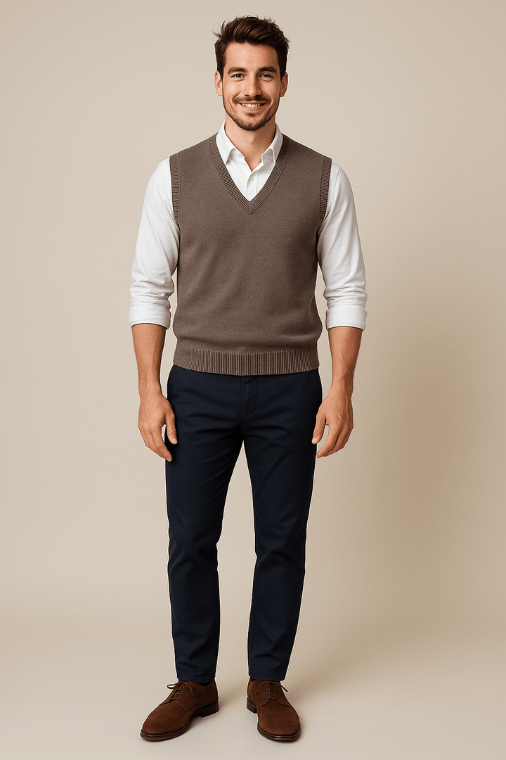 Carl – Men’s Sleeveless V-Neck Fine Knit Sweater with Ribbed Trim