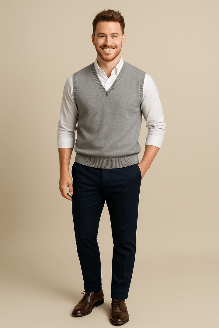 Carl – Men’s Sleeveless V-Neck Fine Knit Sweater with Ribbed Trim