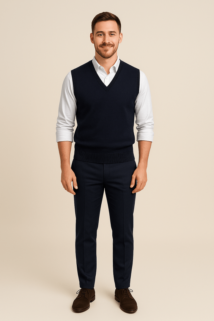 Carl – Men’s Sleeveless V-Neck Fine Knit Sweater with Ribbed Trim