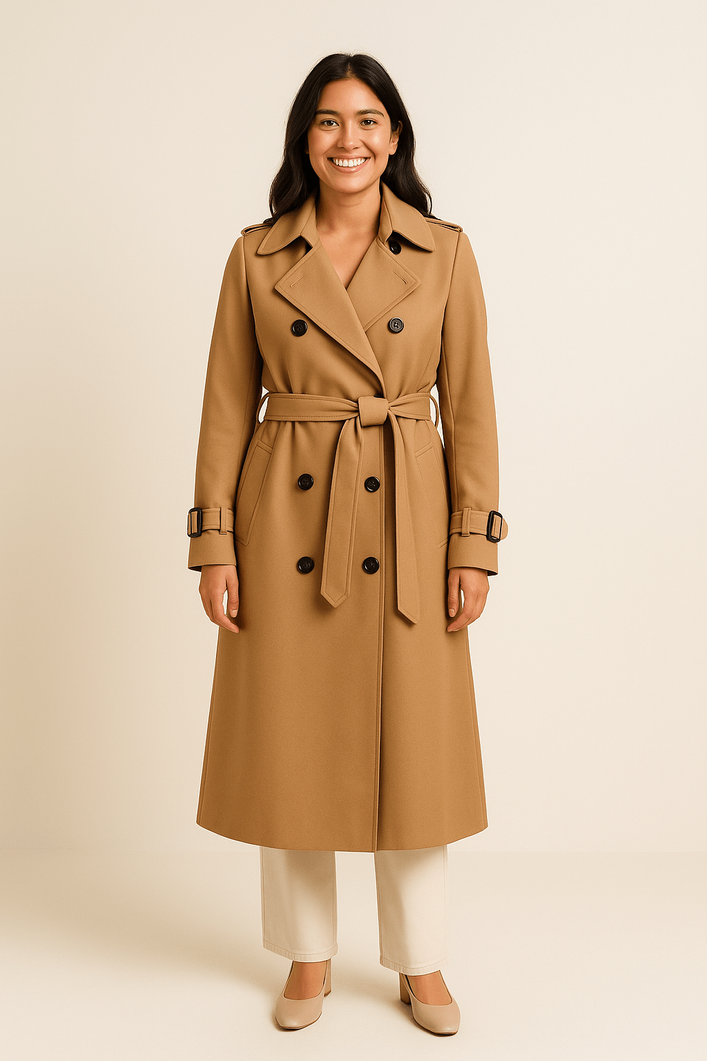 Camille Women’s Double-Breasted Trench Coat – Belted Waist – Classic Fit