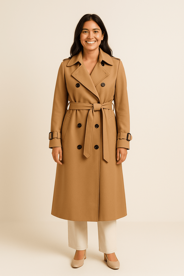 Camille Women’s Double-Breasted Trench Coat – Belted Waist – Classic Fit