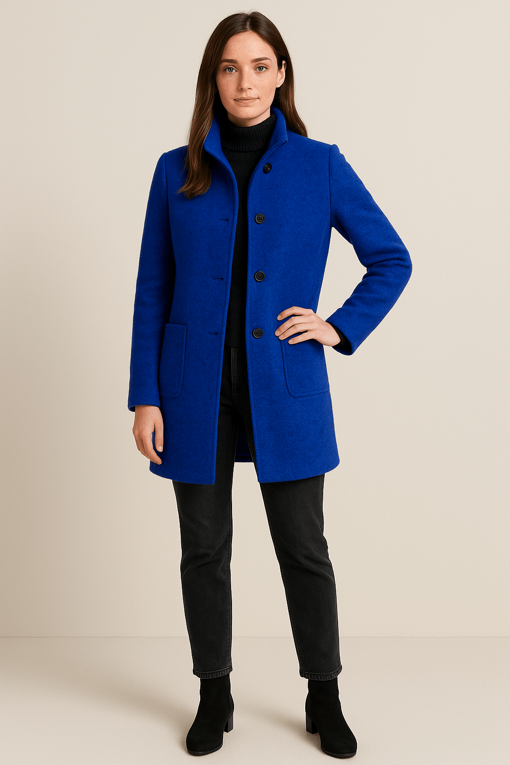 Elara – Women’s Wool Blend Coat with Stand Collar and Pockets