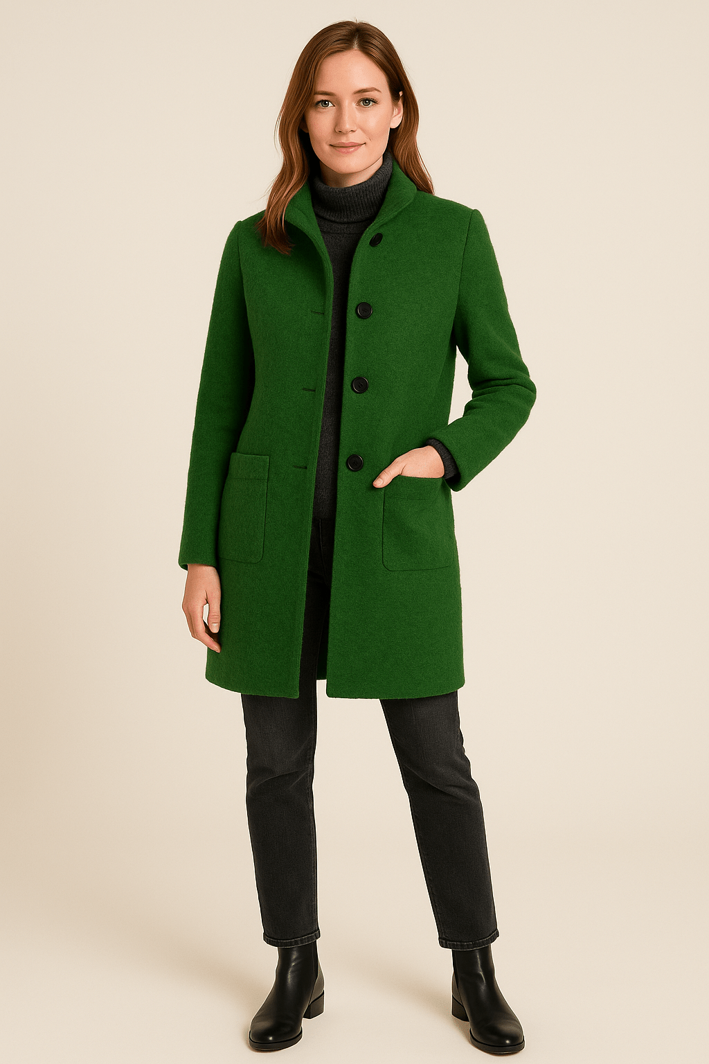 Elara – Women’s Wool Blend Coat with Stand Collar and Pockets