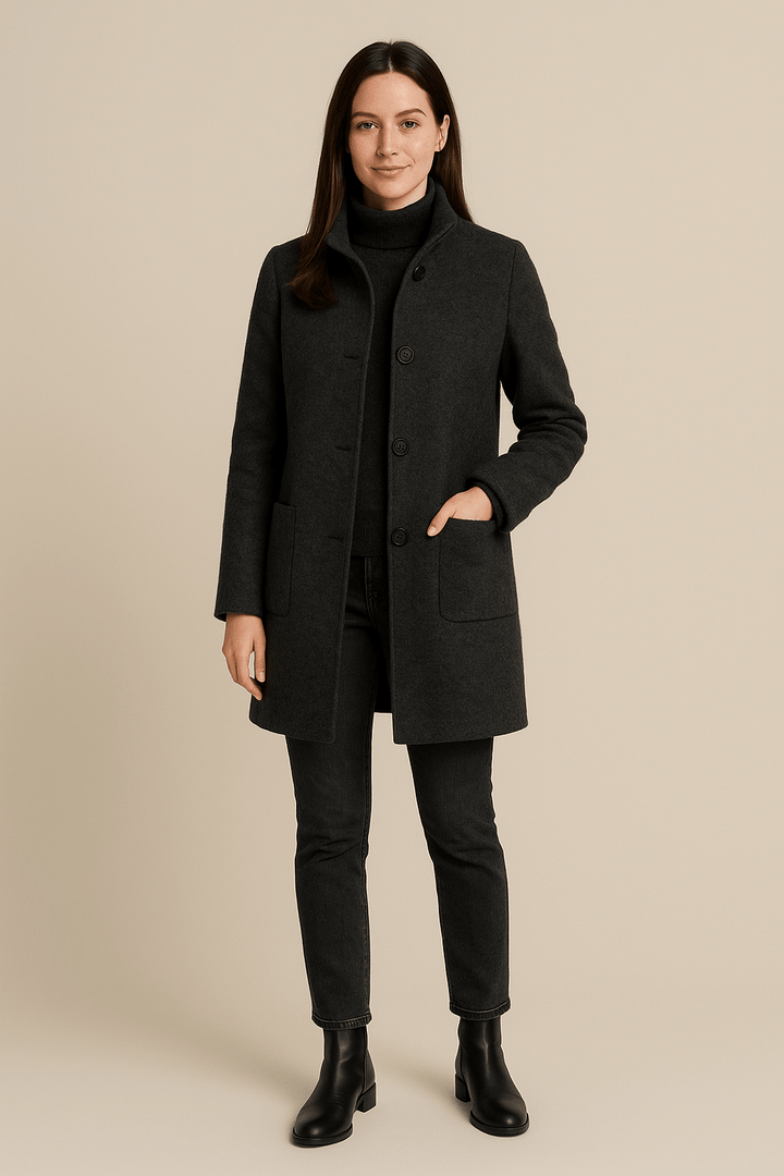 Elara – Women’s Wool Blend Coat with Stand Collar and Pockets