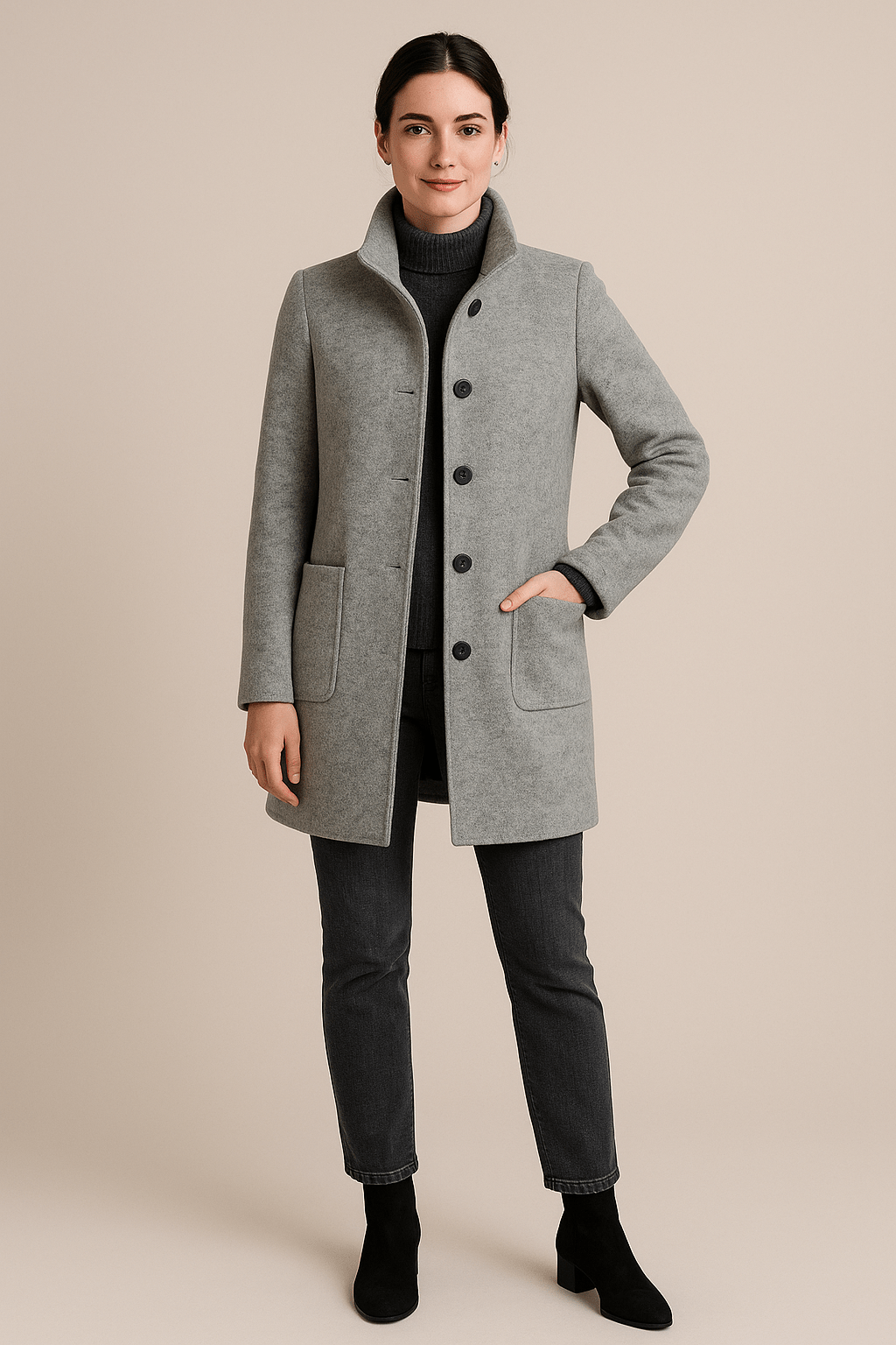 Elara – Women’s Wool Blend Coat with Stand Collar and Pockets