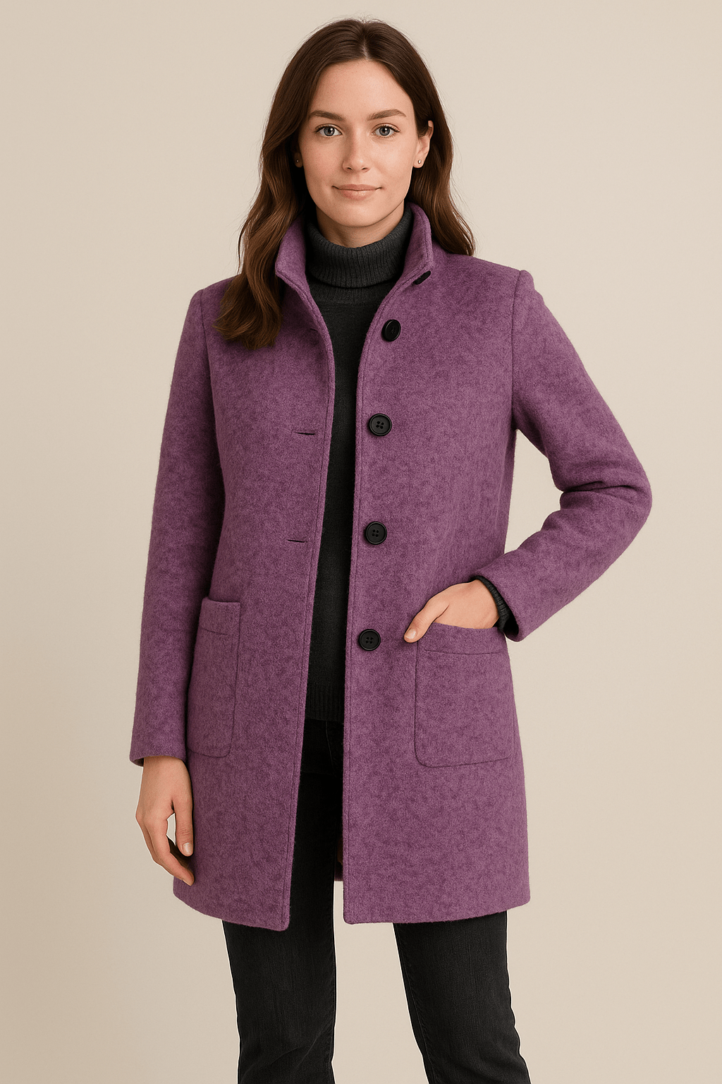 Elara – Women’s Wool Blend Coat with Stand Collar and Pockets
