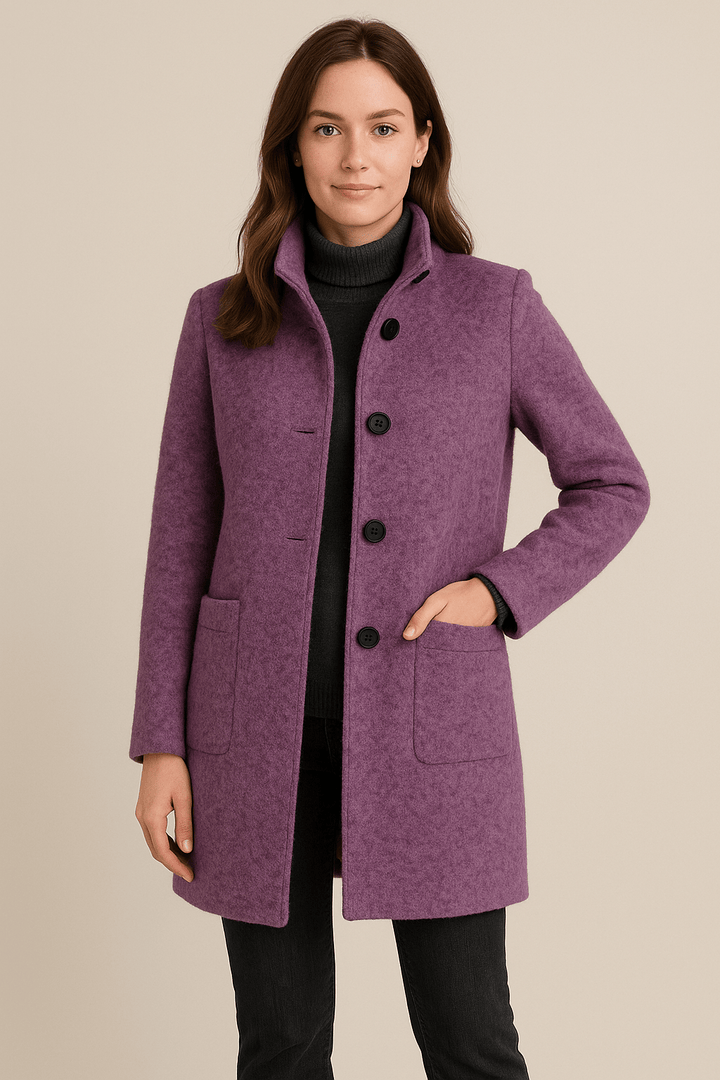 Elara – Women’s Wool Blend Coat with Stand Collar and Pockets