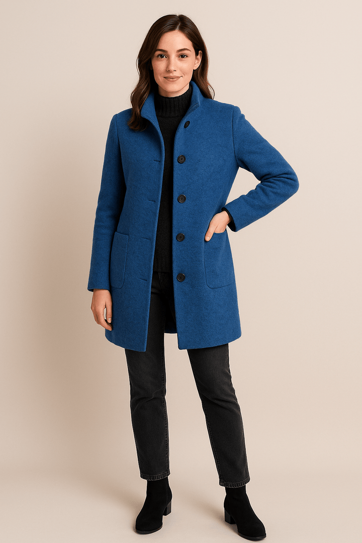 Elara – Women’s Wool Blend Coat with Stand Collar and Pockets