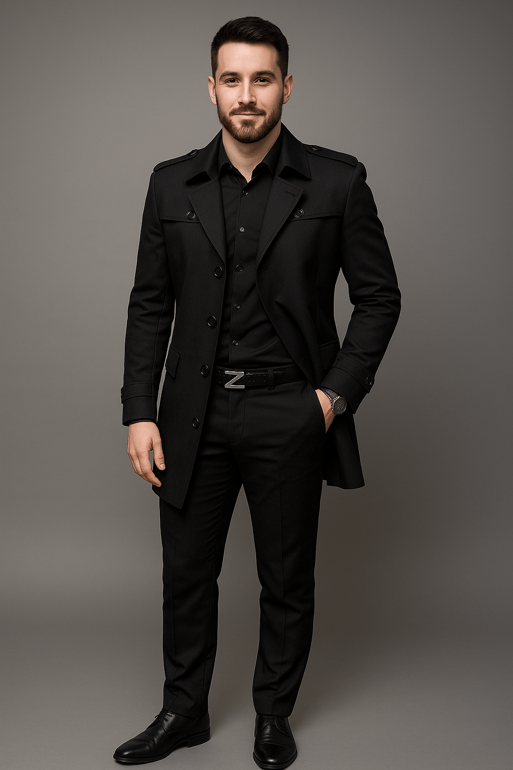 Emil – Men’s Medium-Length Double-Breasted Trench Coat with Structured Fit