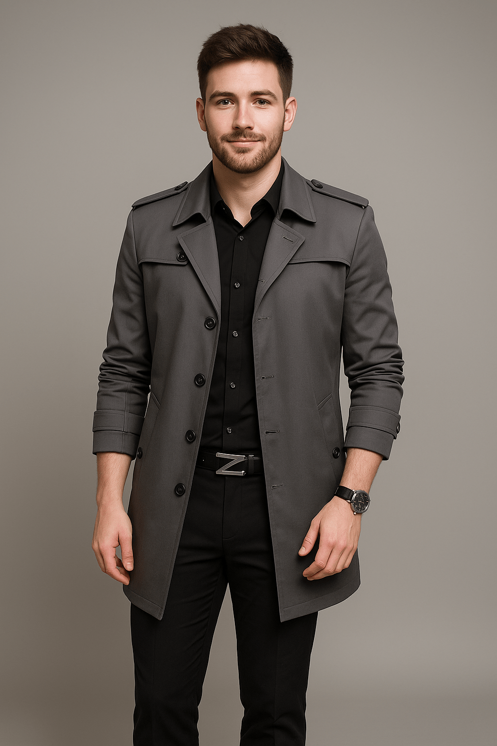 Emil – Men’s Medium-Length Double-Breasted Trench Coat with Structured Fit