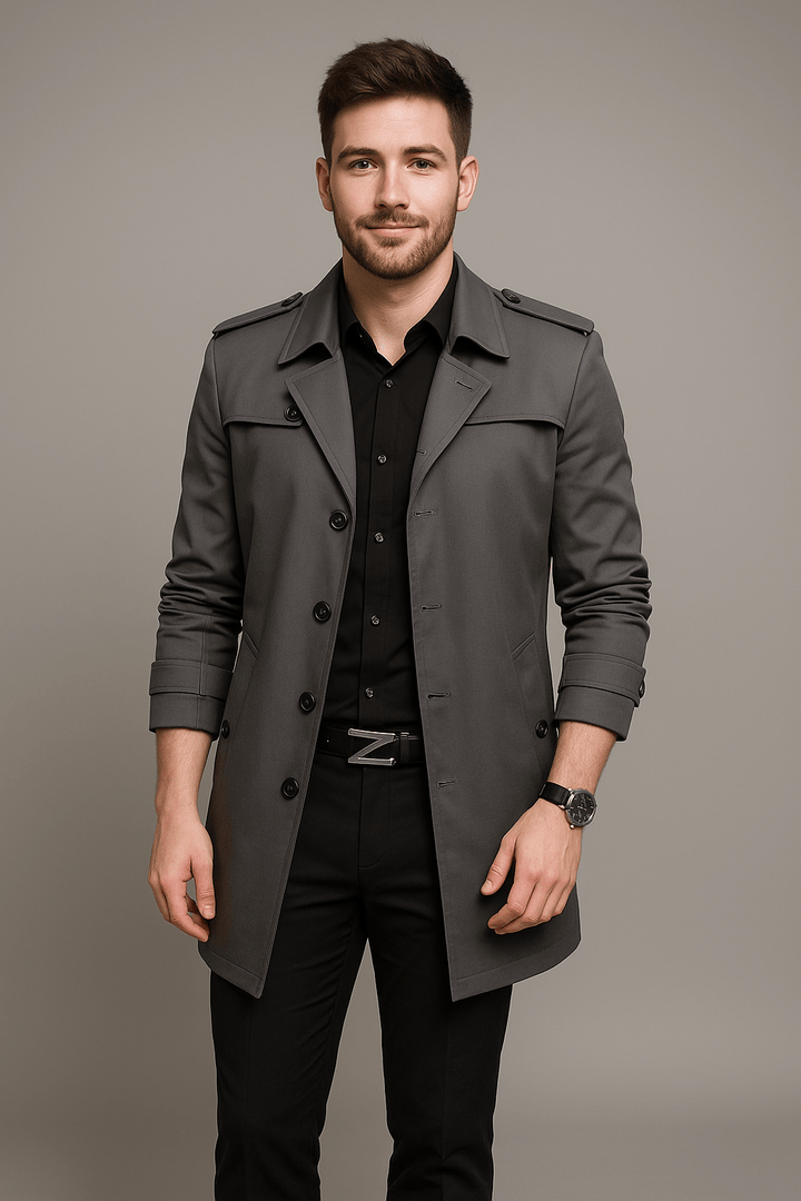 Emil – Men’s Medium-Length Double-Breasted Trench Coat with Structured Fit