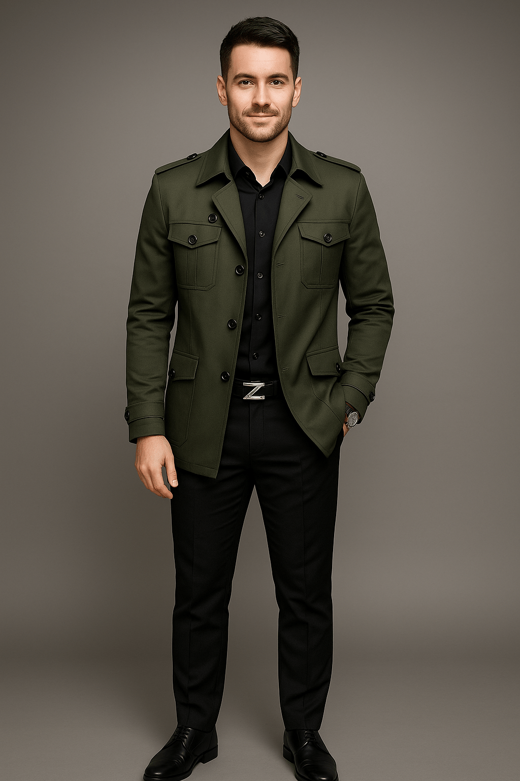 Emil – Men’s Medium-Length Double-Breasted Trench Coat with Structured Fit