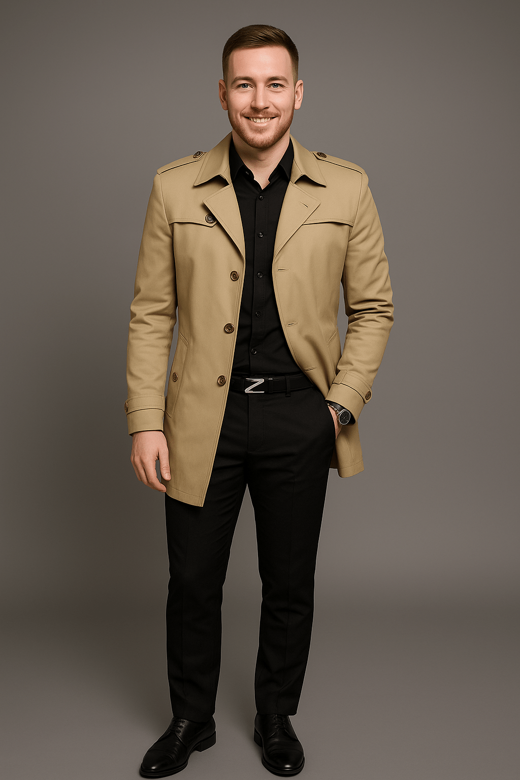 Emil – Men’s Medium-Length Double-Breasted Trench Coat with Structured Fit