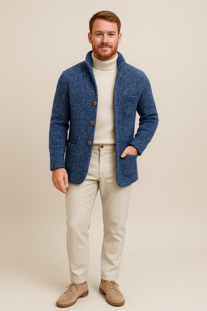 Jesper – Men’s Chunky Knit Cardigan with Stand-Up Collar & Button Closure