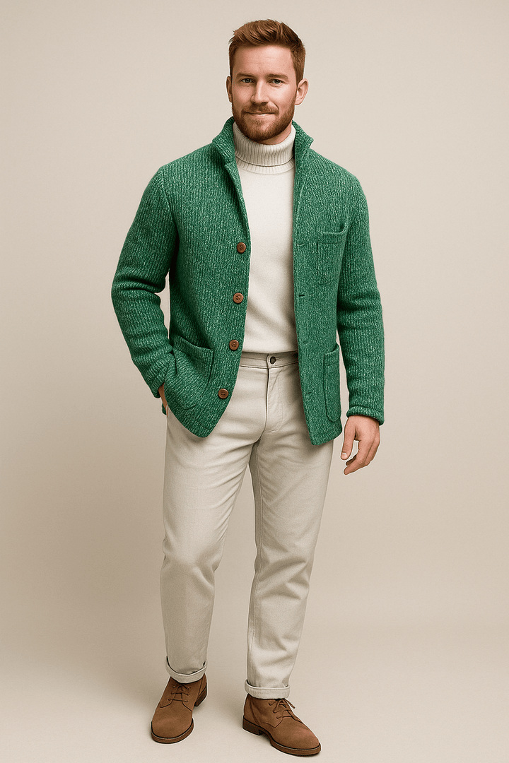 Jesper – Men’s Chunky Knit Cardigan with Stand-Up Collar & Button Closure
