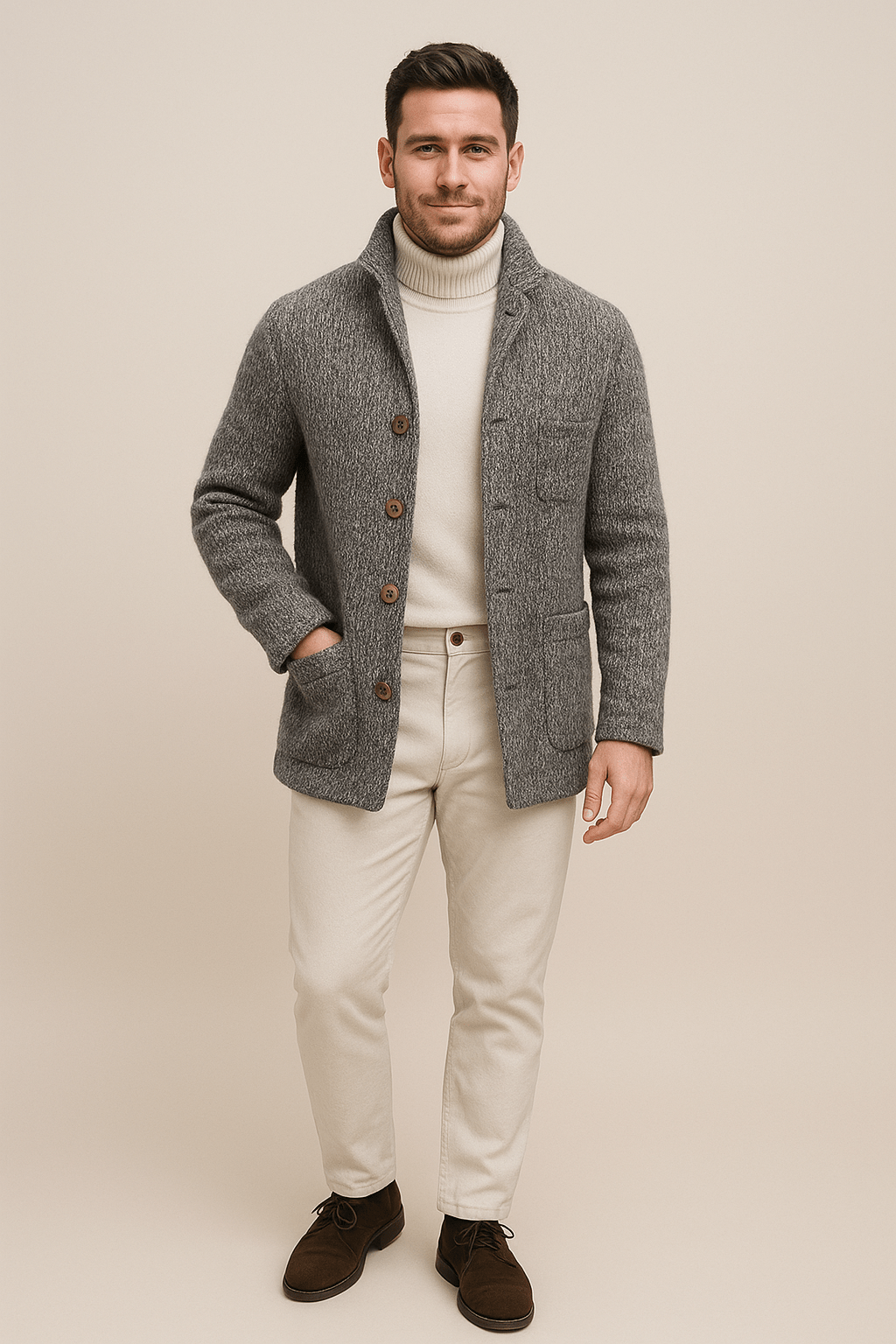 Jesper – Men’s Chunky Knit Cardigan with Stand-Up Collar & Button Closure
