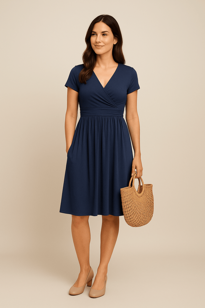 Juliet V-Neck Short Sleeve Midi Swing Dress with Pockets