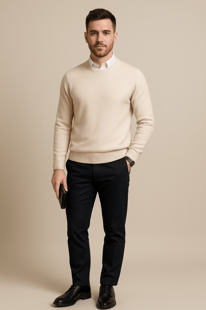 Kenneth – Men’s Wool Blend Crew Neck Sweater with Ribbed Cuffs & Hem