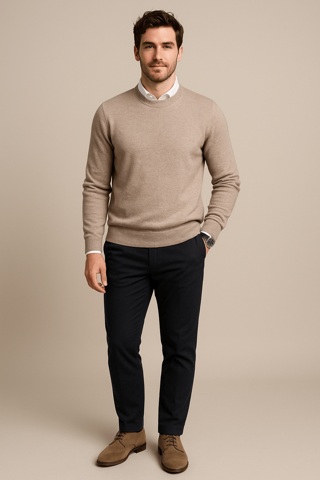 Kenneth – Men’s Wool Blend Crew Neck Sweater with Ribbed Cuffs & Hem