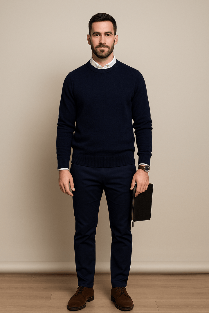 Kenneth – Men’s Wool Blend Crew Neck Sweater with Ribbed Cuffs & Hem