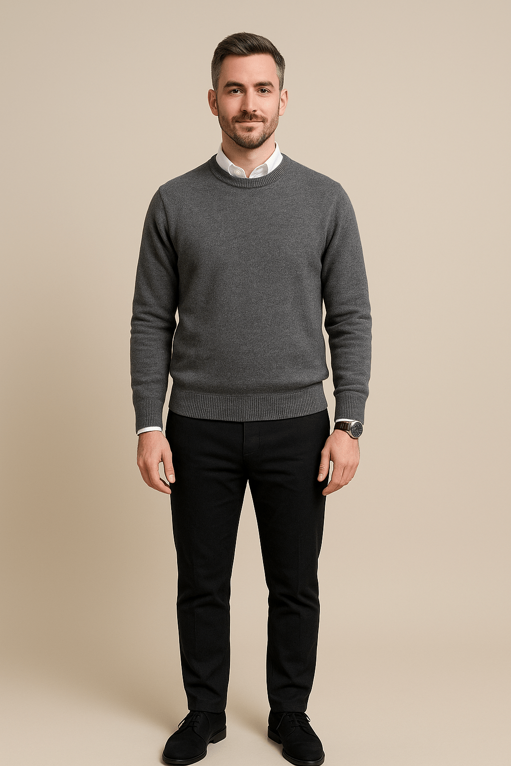 Kenneth – Men’s Wool Blend Crew Neck Sweater with Ribbed Cuffs & Hem