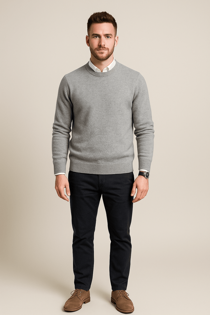 Kenneth – Men’s Wool Blend Crew Neck Sweater with Ribbed Cuffs & Hem