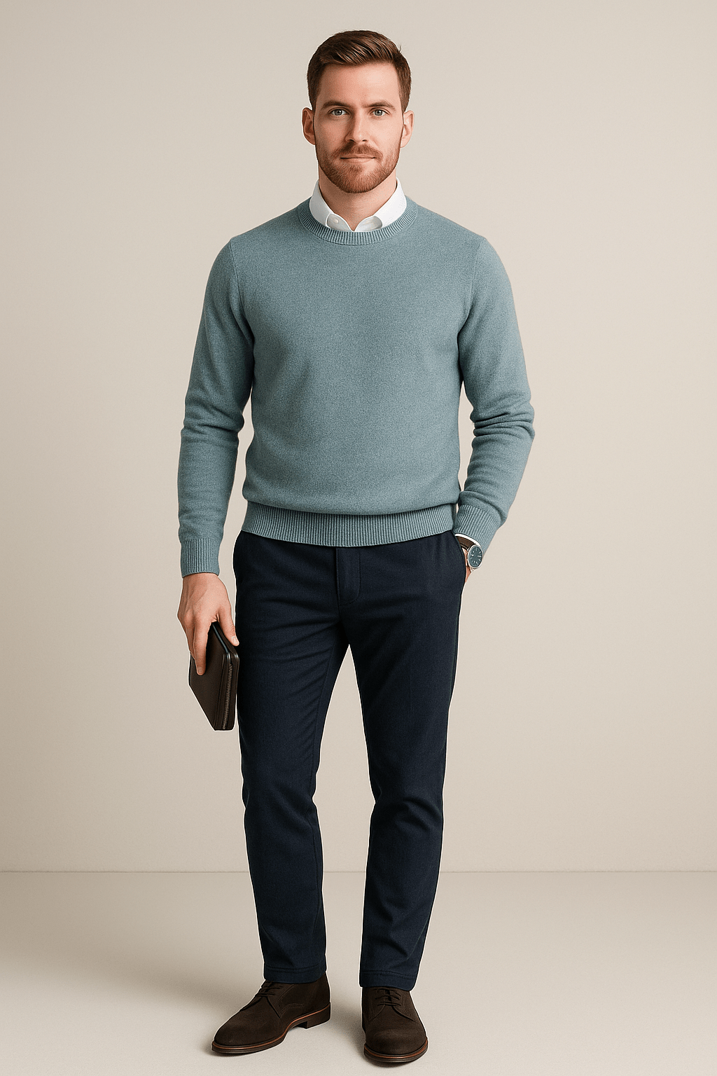 Kenneth – Men’s Wool Blend Crew Neck Sweater with Ribbed Cuffs & Hem
