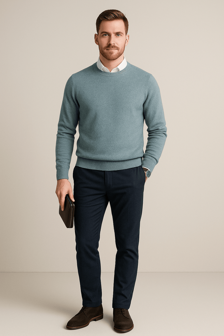 Kenneth – Men’s Wool Blend Crew Neck Sweater with Ribbed Cuffs & Hem