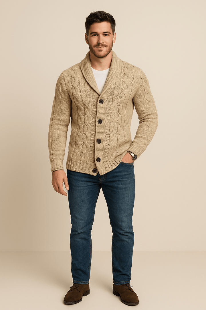 Kyle – Men’s Cable Knit Cardigan with Shawl Collar & Wool Blend