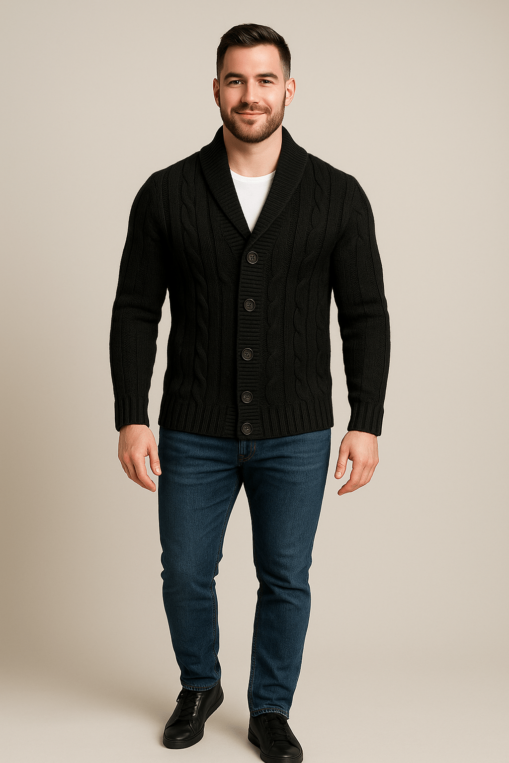 Kyle – Men’s Cable Knit Cardigan with Shawl Collar & Wool Blend