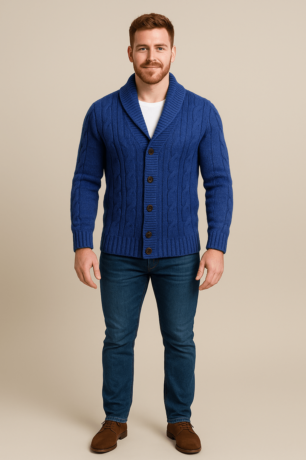 Kyle – Men’s Cable Knit Cardigan with Shawl Collar & Wool Blend