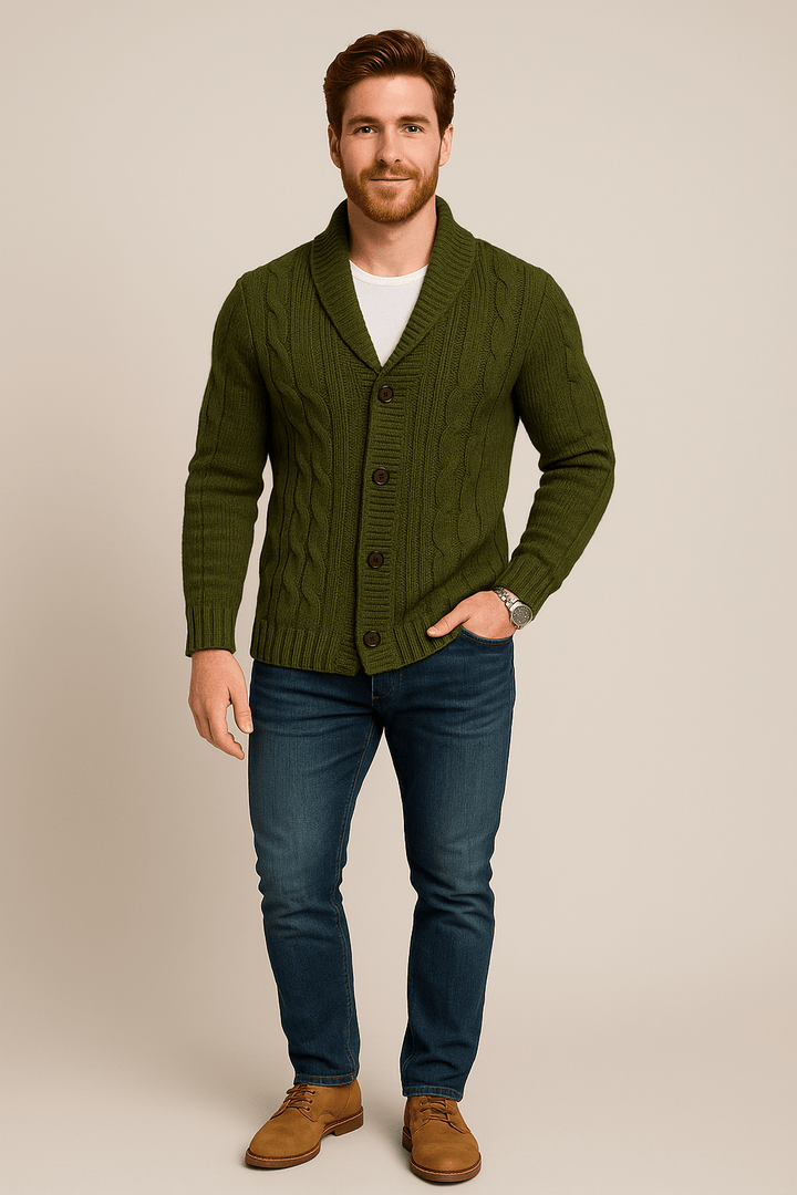 Kyle – Men’s Cable Knit Cardigan with Shawl Collar & Wool Blend