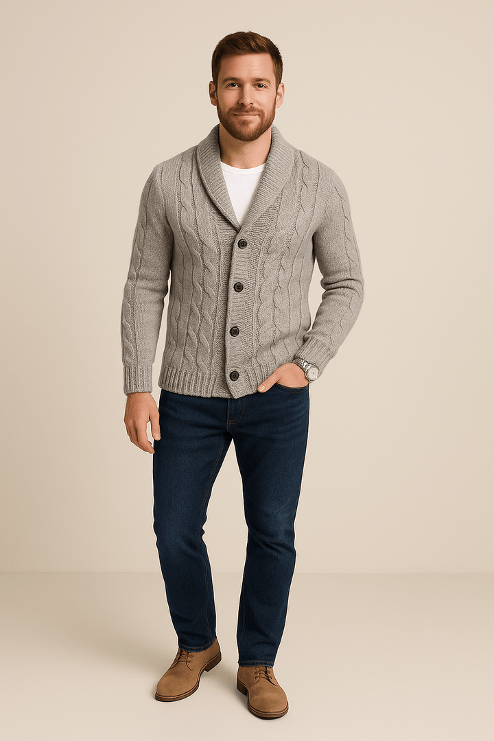 Kyle – Men’s Cable Knit Cardigan with Shawl Collar & Wool Blend
