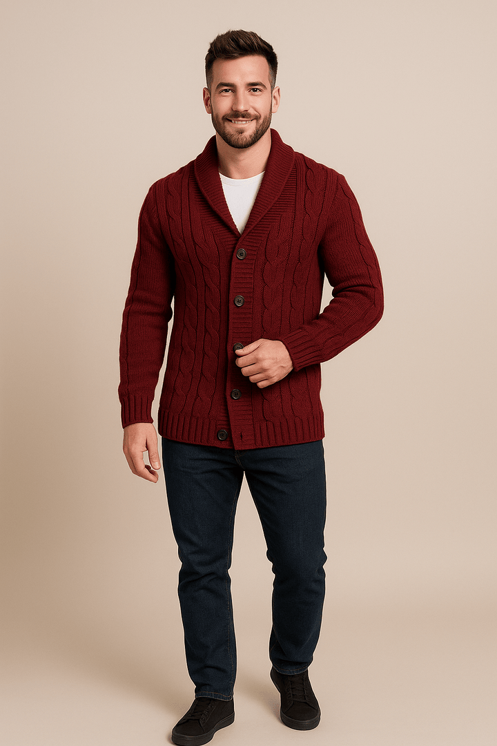 Kyle – Men’s Cable Knit Cardigan with Shawl Collar & Wool Blend