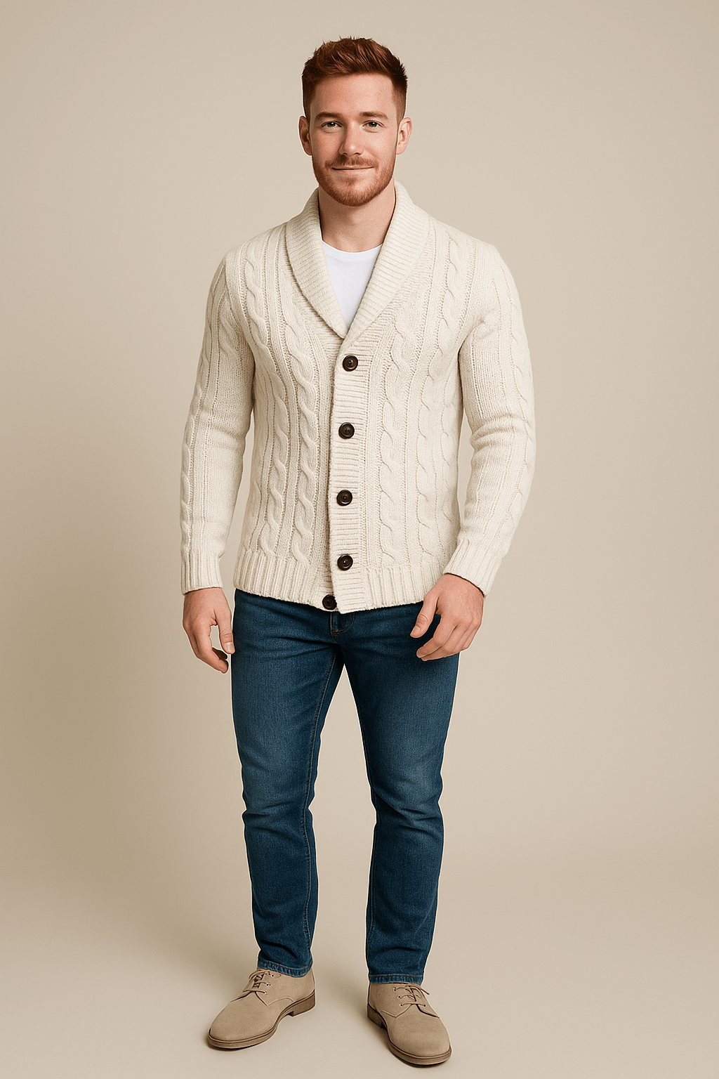 Kyle – Men’s Cable Knit Cardigan with Shawl Collar & Wool Blend