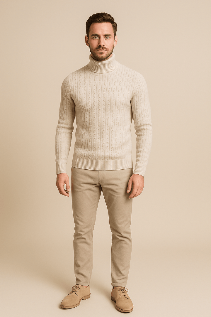Lasse – Men’s Slim Fit Wool Turtleneck Sweater with Cable Knit Pattern