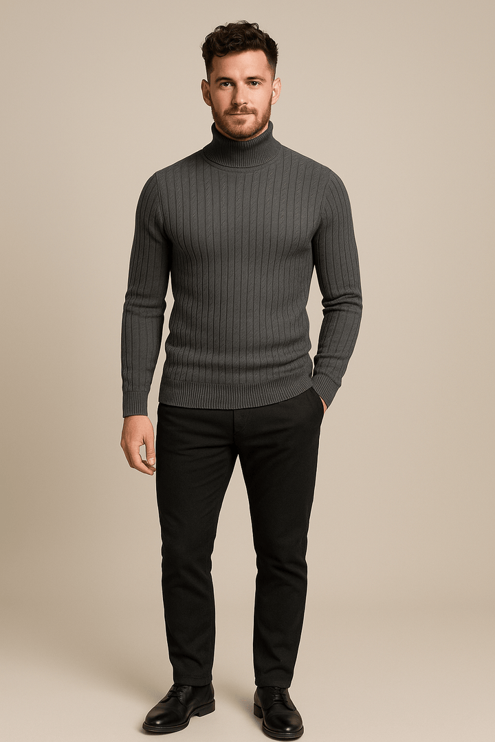 Lasse – Men’s Slim Fit Wool Turtleneck Sweater with Cable Knit Pattern
